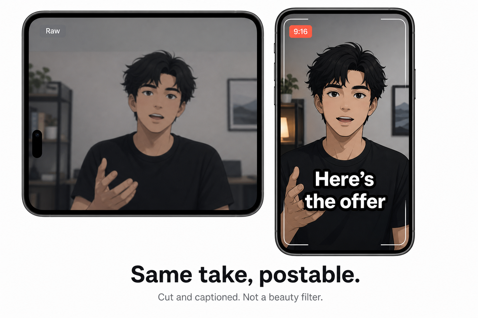 Same take: raw mute clip versus captioned and templated for TikTok