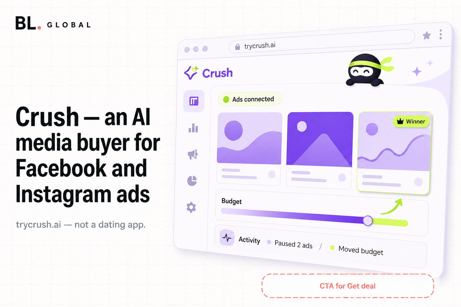 Crush dashboard with Facebook Ads connected and budget moving to a winning ad