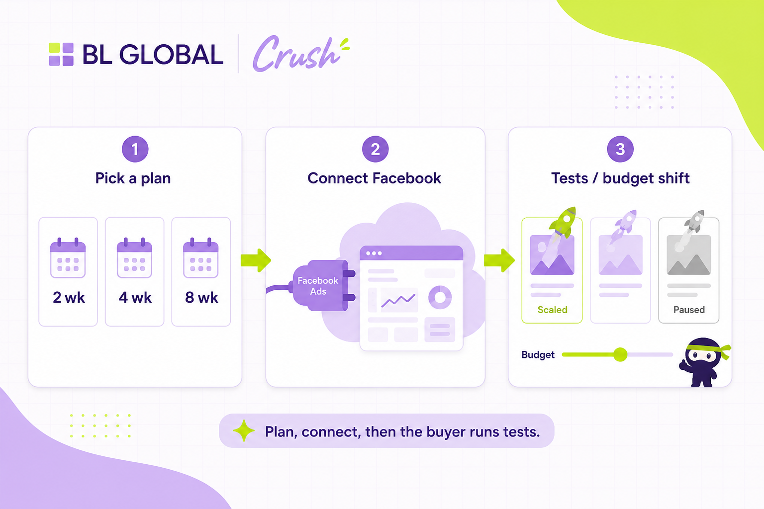 Three steps: pick a Crush plan, connect Facebook, then AI launches tests